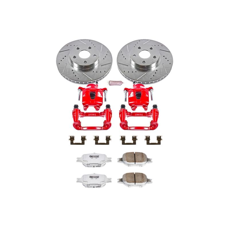 Scion tC Brake Kit - Front - PowerStop - Drilled & Slotted Rotors + Carbon-Fiber Ceramic Pads + Powder Coated Calipers - Red - `05-`10