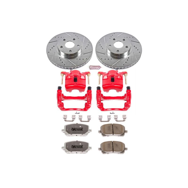 Pontiac Vibe Brake Kit - Front - PowerStop - Drilled & Slotted Rotors + Carbon-Fiber Ceramic Pads + Powder Coated Calipers - Red - `03-`08