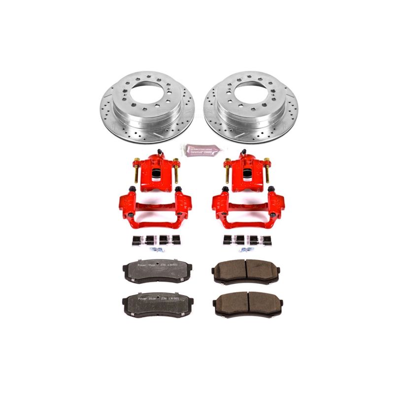 Lexus GX470 Brake Kit - Rear - PowerStop - Drilled & Slotted Rotors + Carbon-Fiber Ceramic Pads + Powder Coated Calipers - Red - `03-`09