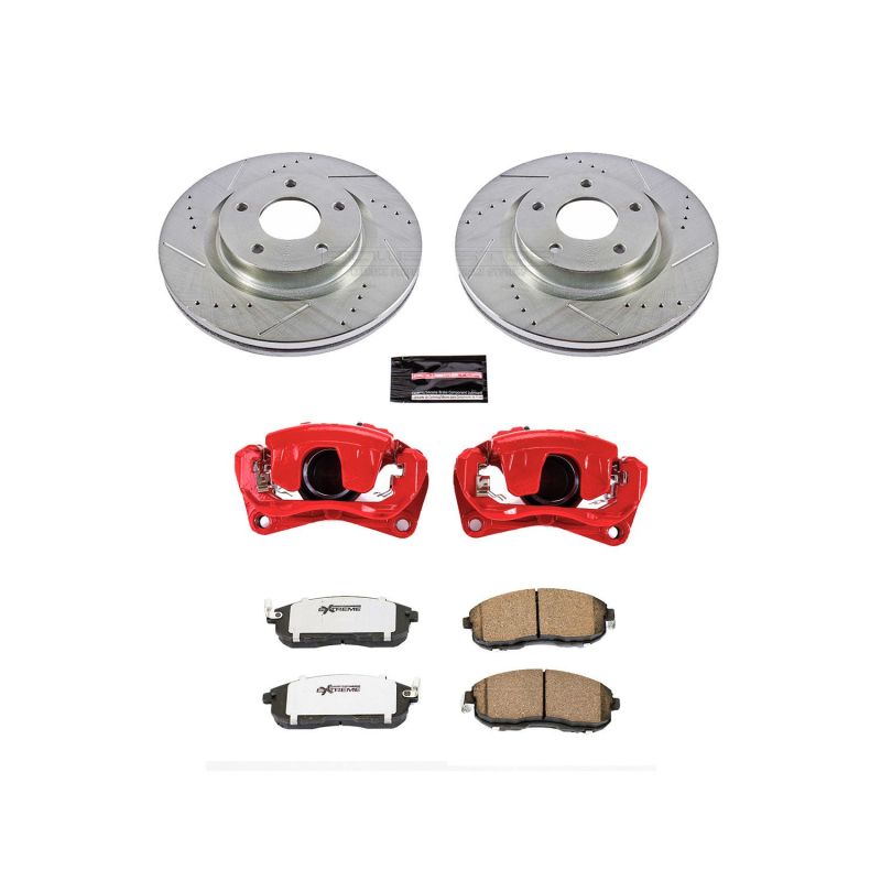 Nissan Altima Brake Kit - Front - PowerStop - Drilled & Slotted Rotors + Carbon-Fiber Ceramic Pads + Powder Coated Calipers - Red - `07-`10