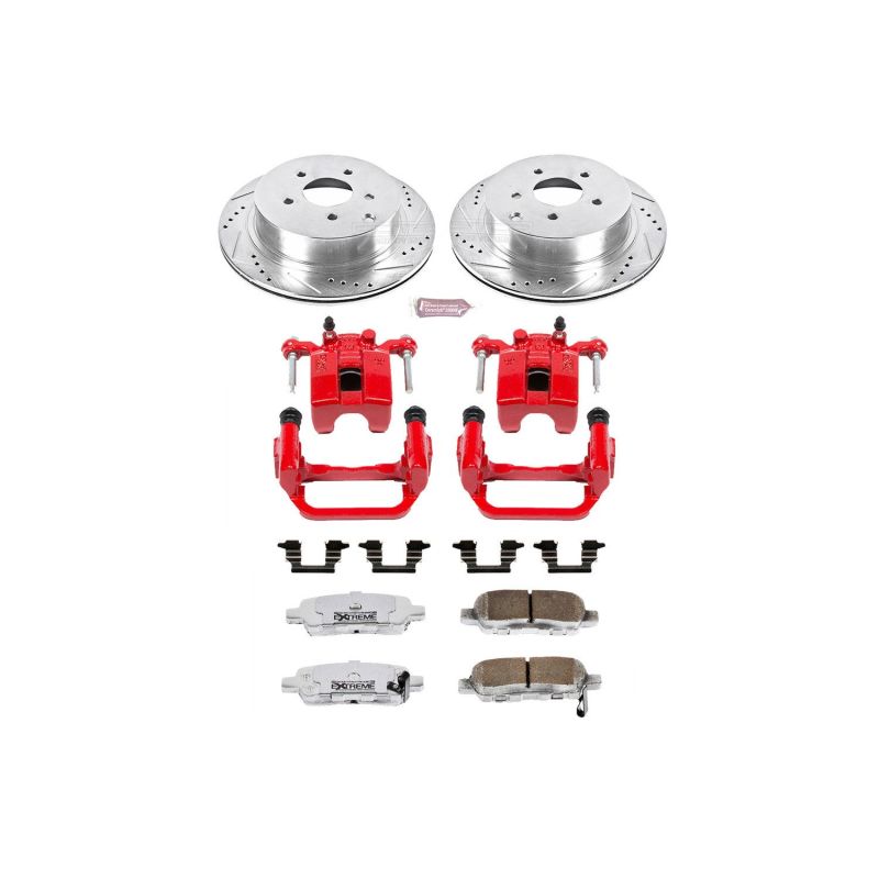 Nissan Murano Brake Kit - Rear - PowerStop - Z26 Street Warrior + Drilled & Slotted Rotors + Carbon-Fiber Ceramic Pads + Powder Coated Calipers - Red - `03-`07