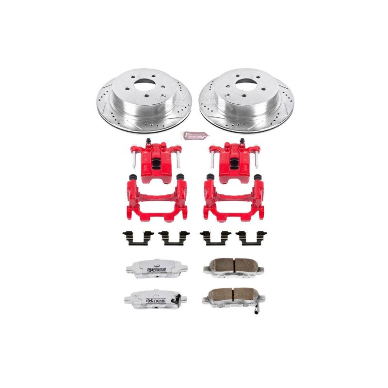 Infiniti M35h Brake Kit - Rear - PowerStop - Drilled & Slotted Rotors + Carbon-Fiber Ceramic Pads + Powder Coated Calipers - Red - `12-`13