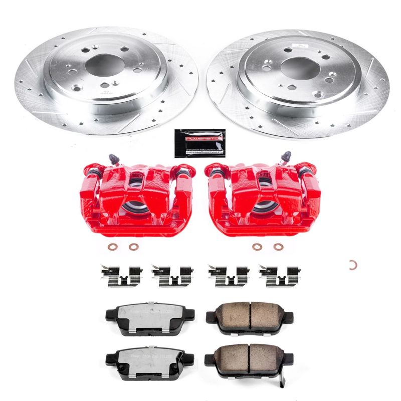 Honda Ridgeline Brake Kit - Rear - PowerStop - Drilled & Slotted Rotors + Carbon-Fiber Ceramic Pads + Powder Coated Calipers - Red - `06-`14