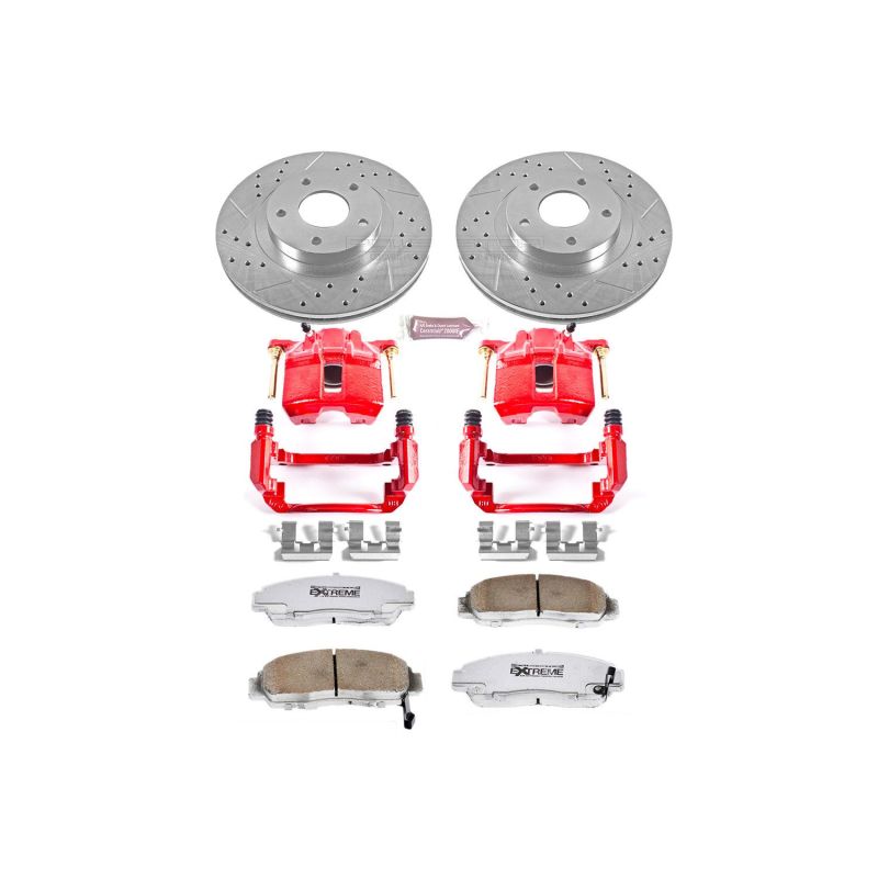 Honda Accord Brake Kit - Front - PowerStop - Drilled & Slotted Rotors + Carbon-Fiber Ceramic Pads + Powder Coated Calipers - Red - `03-`07