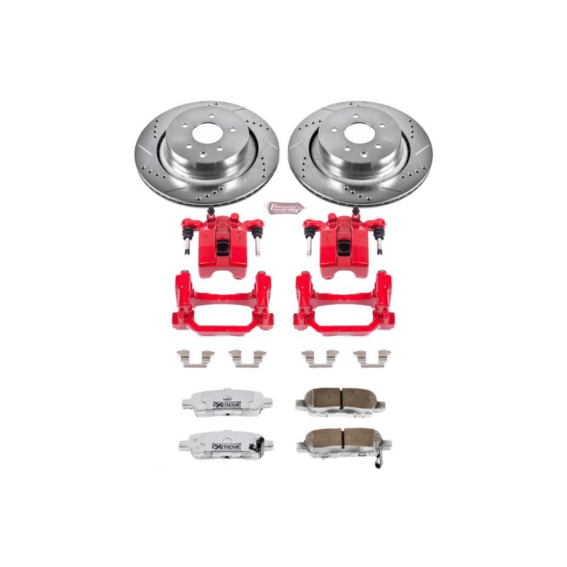 Infiniti G35 Brake Kit - Rear - PowerStop - Z26 Street Warrior - Drilled & Slotted Rotors + Carbon-Fiber Ceramic Pads + Powder Coated Calipers - Red - `07-`08