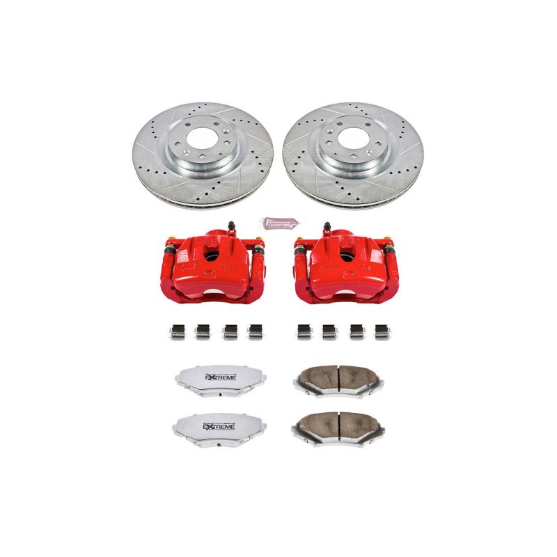 Mazda RX-8 Brake Kit - Front - PowerStop - Drilled & Slotted Rotors + Carbon-Fiber Ceramic Pads + Powder Coated Calipers - Red - `04-`11