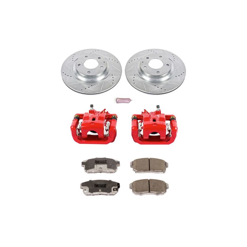 Mazda RX-8 Brake Kit - Rear - PowerStop - Drilled & Slotted Rotors + Carbon-Fiber Ceramic Pads + Powder Coated Calipers - Red - `04-`11