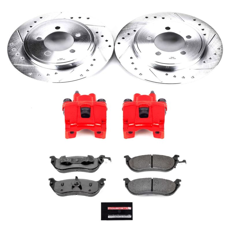 Ford Explorer Brake Kit - Rear - PowerStop - Z36 Truck & Tow with Drilled & Slotted Rotors + Carbon-Fiber Ceramic Pads + Powder Coated Calipers - Red - `02-`05