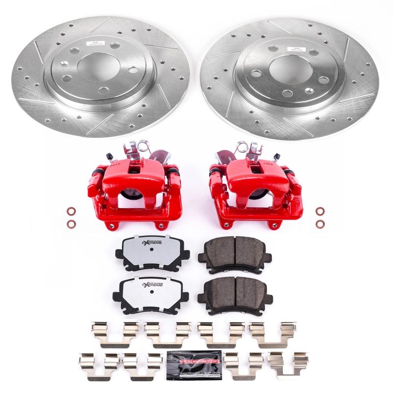 Audi A4 Brake Kit - Rear - PowerStop - Drilled & Slotted Rotors + Z26 Street Carbon-Fiber Ceramic Pads + Powder Coated Calipers - Red - `05-`09