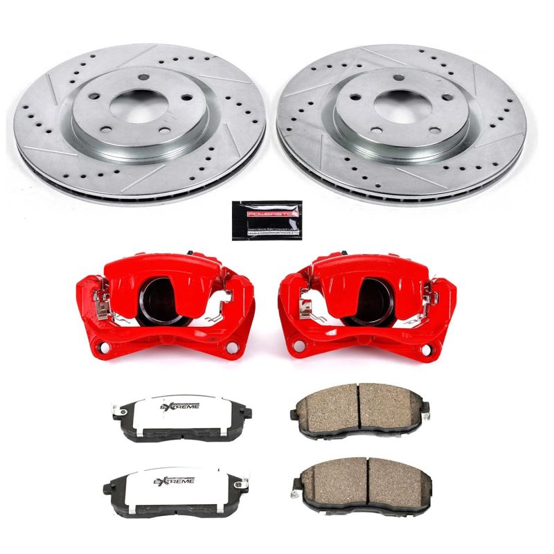 Nissan Sentra Brake Kit - Front - PowerStop - Drilled & Slotted Rotors + Carbon-Fiber Ceramic Pads + Powder Coated Calipers - Red - `07-`12
