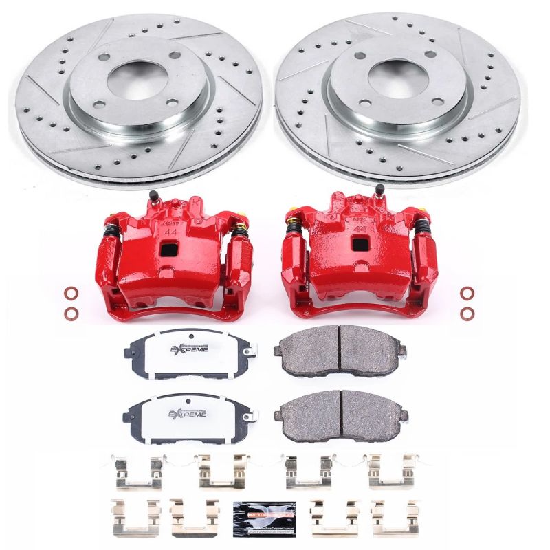 Nissan Sentra Brake Kit - Front - PowerStop - Z26 Street Warrior, Drilled & Slotted Rotors + Carbon-Fiber Ceramic Pads + Powder Coated Calipers - `07-`12