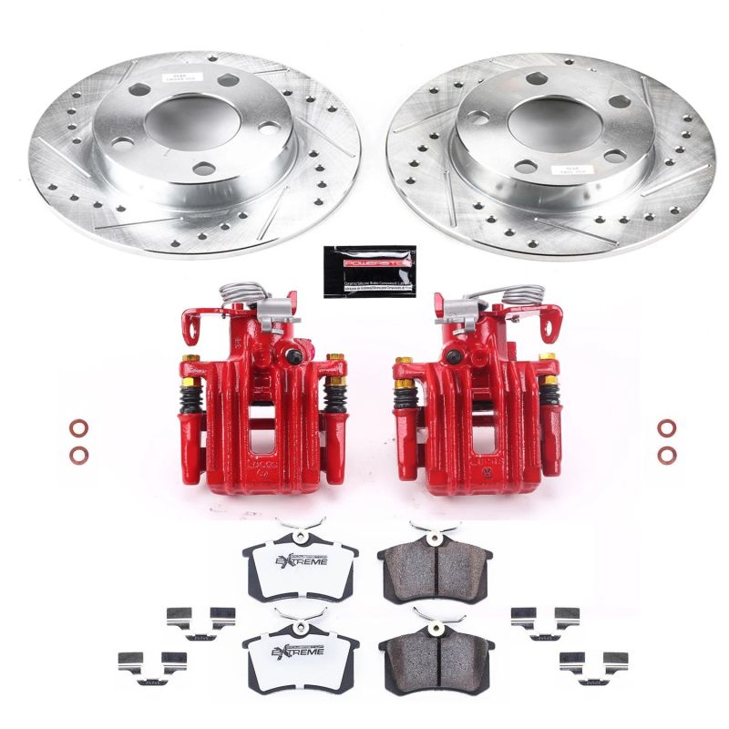 Volkswagen Passat Brake Kit - Rear - PowerStop - Drilled & Slotted Rotors + Carbon-Fiber Ceramic Pads + Powder Coated Calipers - Red - `99-`05
