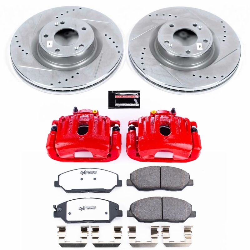 Hyundai Genesis Brake Kit - Front - PowerStop - Drilled & Slotted Rotors + Carbon-Fiber Ceramic Pads + Powder Coated Calipers - Red - `09-`11