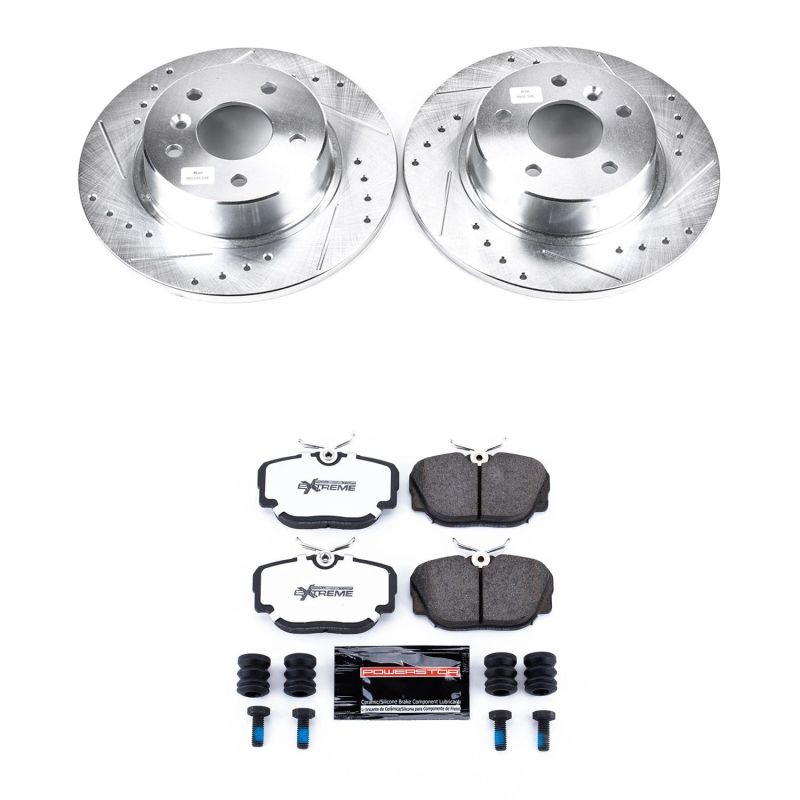 Land Rover Discovery Brake Kit - Rear - PowerStop - Drilled & Slotted Rotors + Carbon-Fiber Ceramic Pads + Powder Coated Calipers - Red - `99-`04