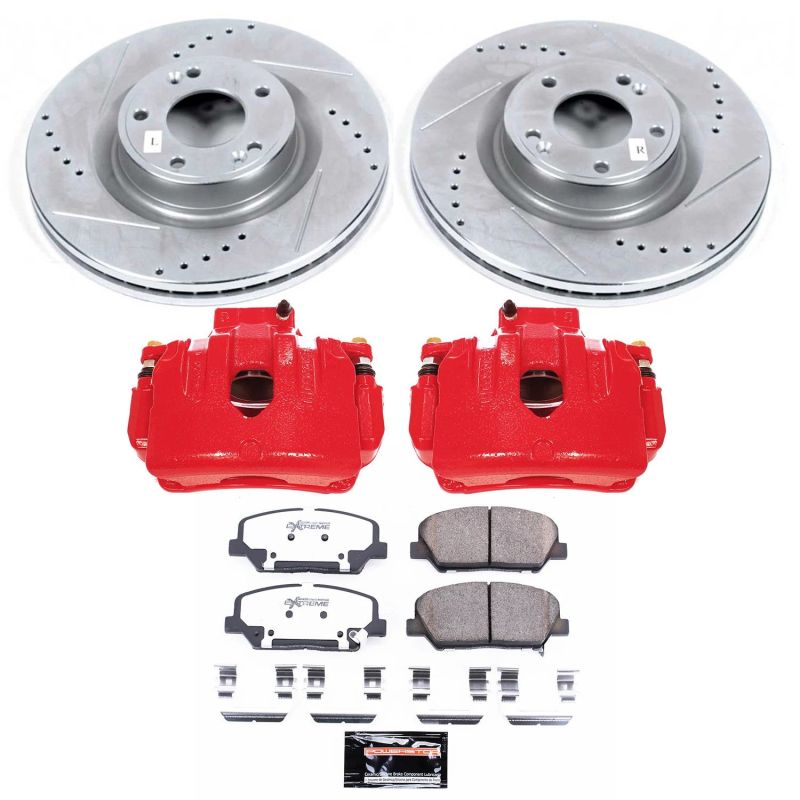Hyundai Genesis Coupe Brake Kit - Front - PowerStop - Drilled & Slotted Rotors + Carbon-Fiber Ceramic Pads + Powder Coated Calipers - Red - `10-`16