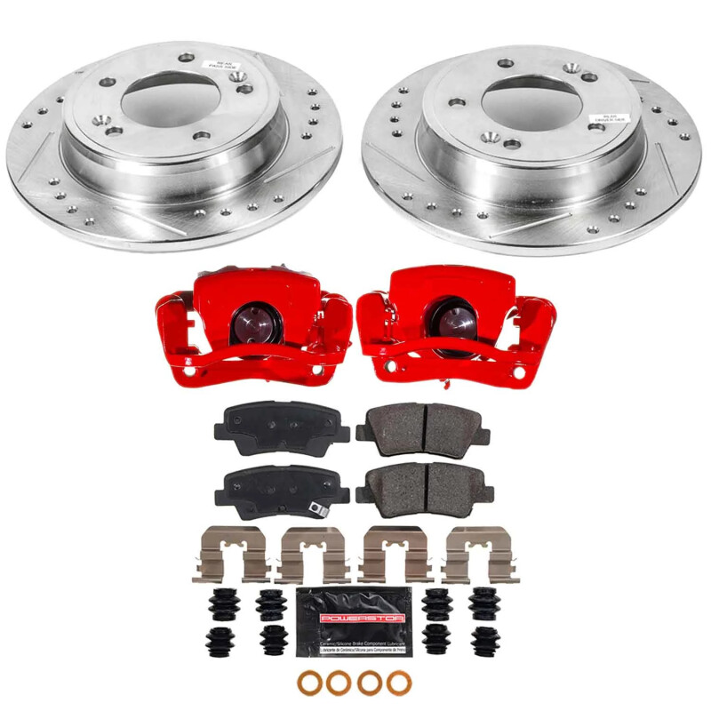 Kia Soul Brake Kit - Rear - PowerStop - Drilled & Slotted Rotors + Carbon-Fiber Ceramic Pads + Powder Coated Calipers - Red - `17-`19 Kia Soul Brake Kit - Rear - PowerStop - Drilled & Slotted Rotors + Carbon-Fiber Ceramic Pads + Powder Coated Calipers - Red - `17-`19