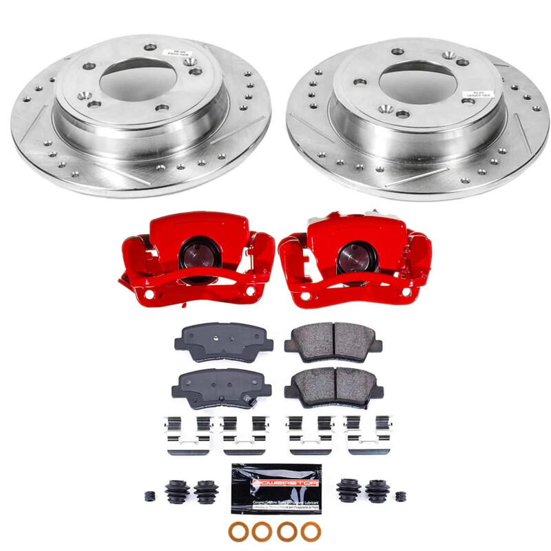 Hyundai Elantra GT Brake Kit - Rear - PowerStop - Z23 Evolution Sport Upgrade Kit with Drilled & Slotted Rotors, Carbon-Fiber Ceramic Pads, Powder Coated Calipers - Red - `13-`17