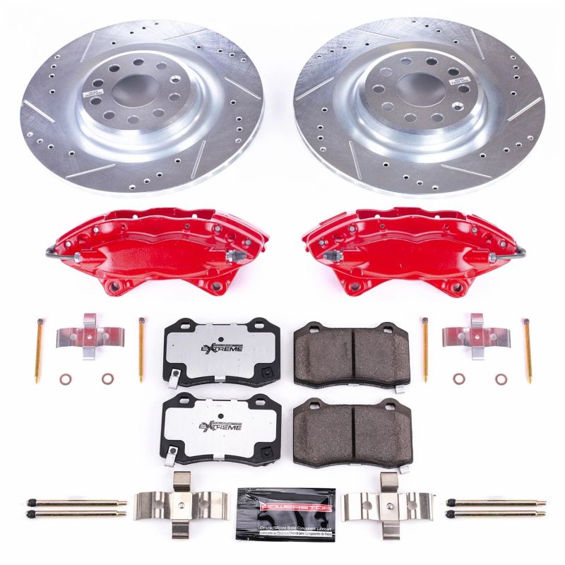 Tesla S Brake Kit - Rear - PowerStop - Drilled & Slotted Rotors + Carbon-Fiber Ceramic Pads + Powder Coated Calipers - `12-`16