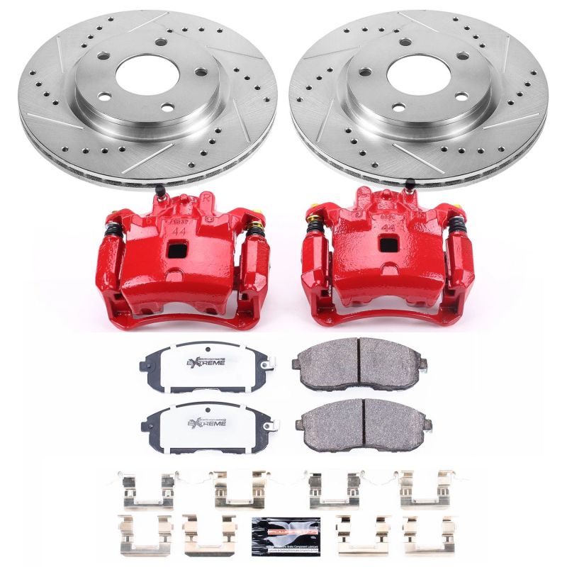 Nissan Sentra Brake Kit - Front - PowerStop - Drilled & Slotted Rotors + Carbon-Fiber Ceramic Pads + Powder Coated Calipers - `13-`18