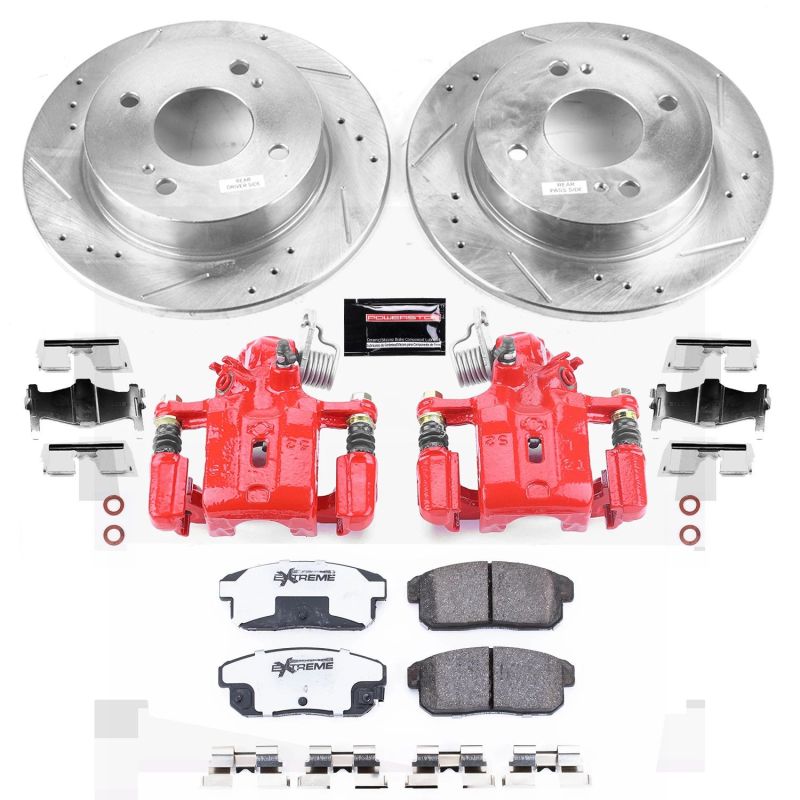 Infiniti G20 Brake Kit - Rear - PowerStop - Drilled & Slotted Rotors + Carbon-Fiber Ceramic Pads + Powder Coated Calipers - Red - `01-`02