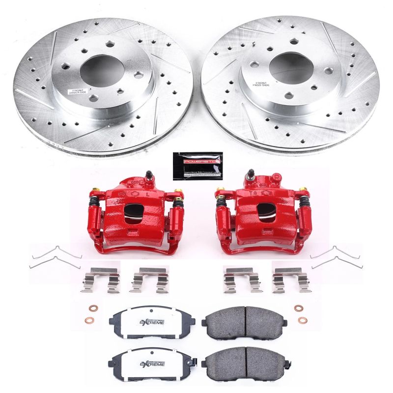 Nissan Altima Brake Kit - Front - PowerStop - Drilled & Slotted Rotors + Carbon-Fiber Ceramic Pads + Powder Coated Calipers - Red - `93-`01