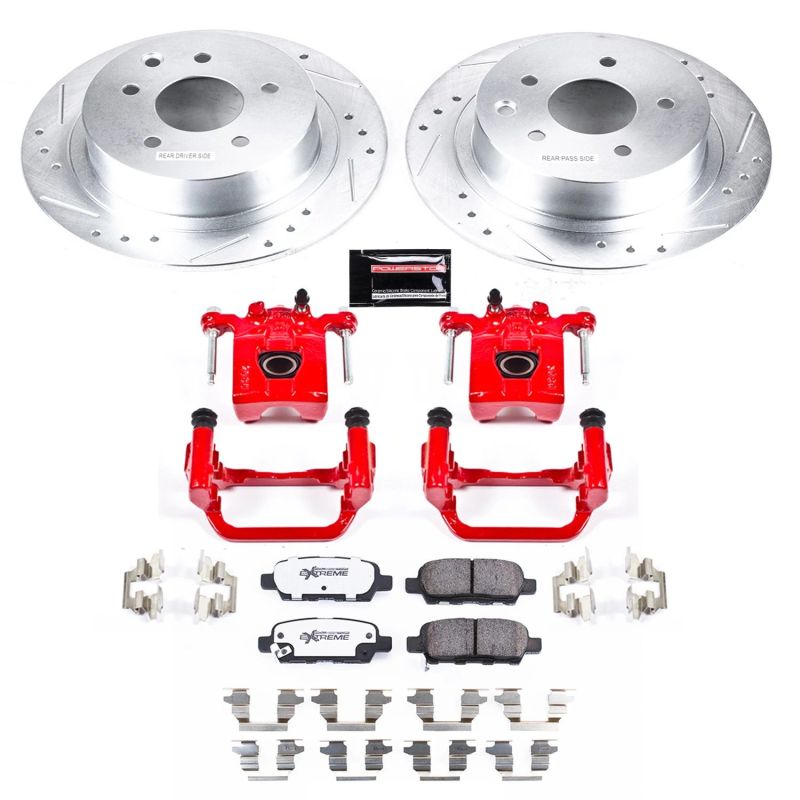 Nissan Altima Brake Kit - Rear - PowerStop - Drilled & Slotted Rotors + Carbon-Fiber Ceramic Pads + Powder Coated Calipers - Red - `07-`10