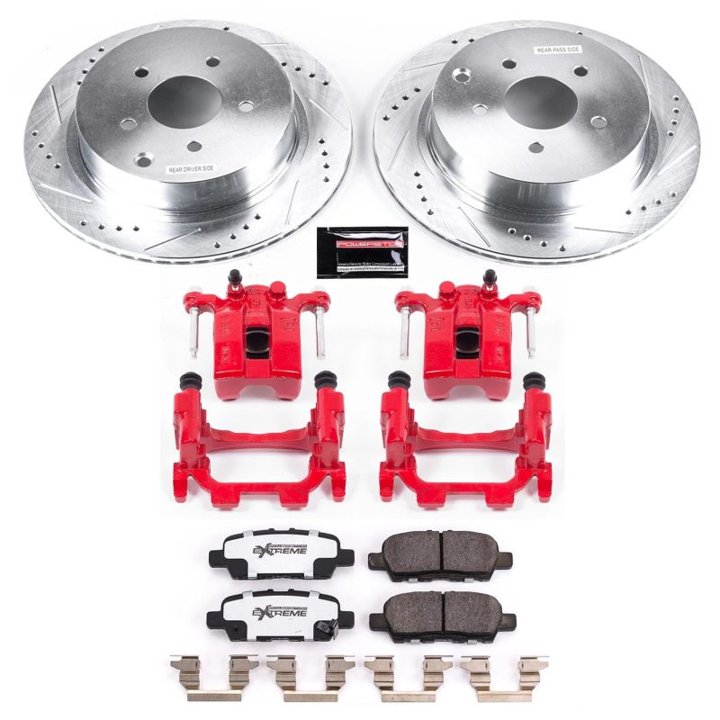 Infiniti Q50 Brake Kit - Rear - PowerStop - Z26 Street Warrior Upgrade Kit: Drilled & Slotted Rotors + Carbon-Fiber Ceramic Pads + Powder Coated Calipers - Red - `18-`19