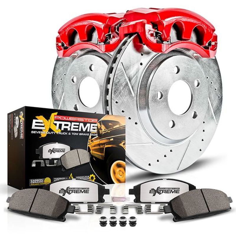 Lincoln MKT Brake Kit - Rear - PowerStop - Drilled & Slotted Rotors + Carbon-Fiber Ceramic Pads + Powder Coated Calipers - Red - `10-`19 Lincoln MKT Brake Kit - Rear - PowerStop - Drilled & Slotted Rotors + Carbon-Fiber Ceramic Pads + Powder Coated Calipers - Red - `10-`19