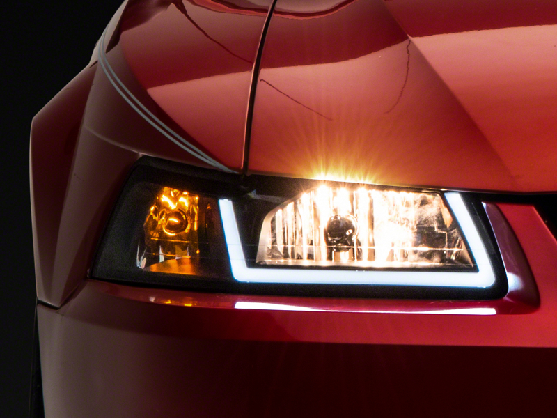 Ford Mustang LED Headlights - Raxiom - Axial Series with LED Bar - Black Housing - `99-`04