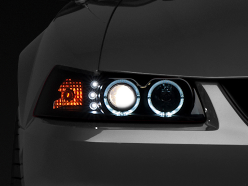Ford Mustang LED Headlights - Raxiom - Dual LED Halo Projector - Black Housing, Smoked Lens - `99-`04