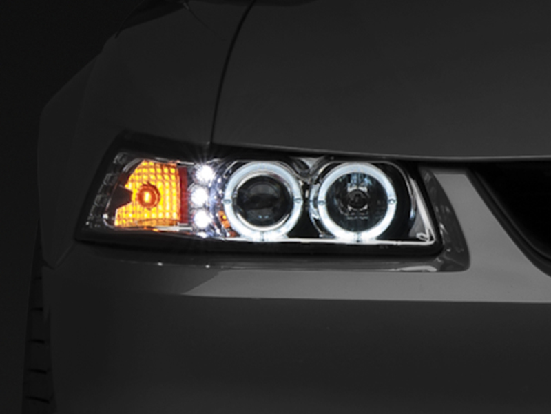 Ford Mustang LED Headlights - Raxiom - Dual LED Halo Projector - Chrome - `99-`04