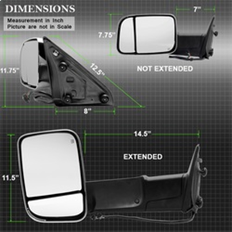 Ram 1500 Side Mirror - Left - SPYDER - Manual Extendable, Power Heated/Adjustable, LED Turn Signal, Chrome Housing - Chrome - `11-`12