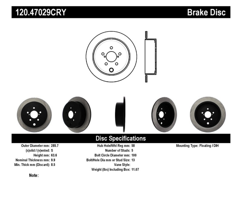 Scion FR S Brake Rotor (1) - Rear - Stoptech - Premium Cryostop - Black - `13-`16