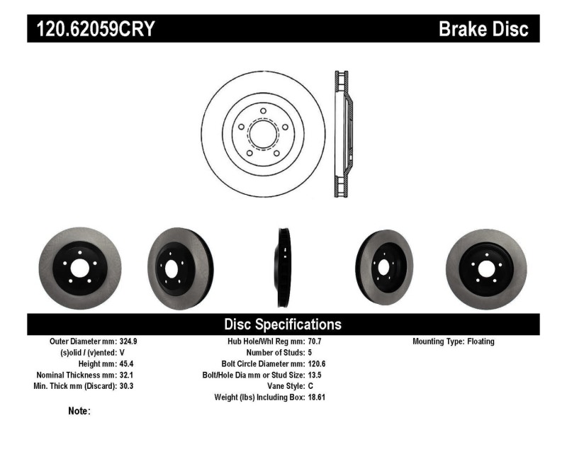 Cadillac XLR Brake Rotor (1) - Left Front - Stoptech - Premium Cryostop Rotor - Black - `04-`09