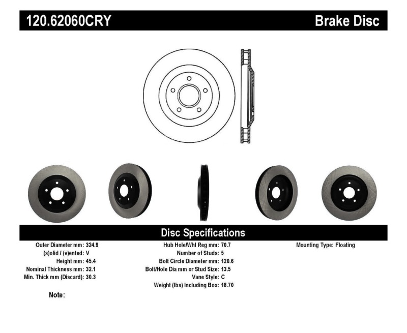 Cadillac XLR Brake Rotor (1) - Right Front - Stoptech - Premium Cryostop Rotor - Black - `04-`09