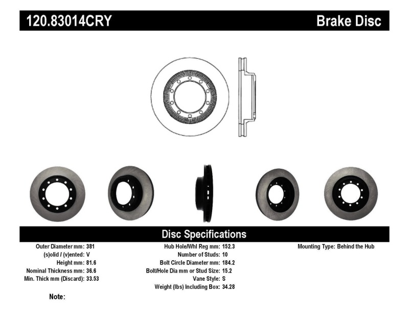 Ford F59 Brake Rotors (1) - Front - Stoptech - Premium CryoStop - Black - `11-`16