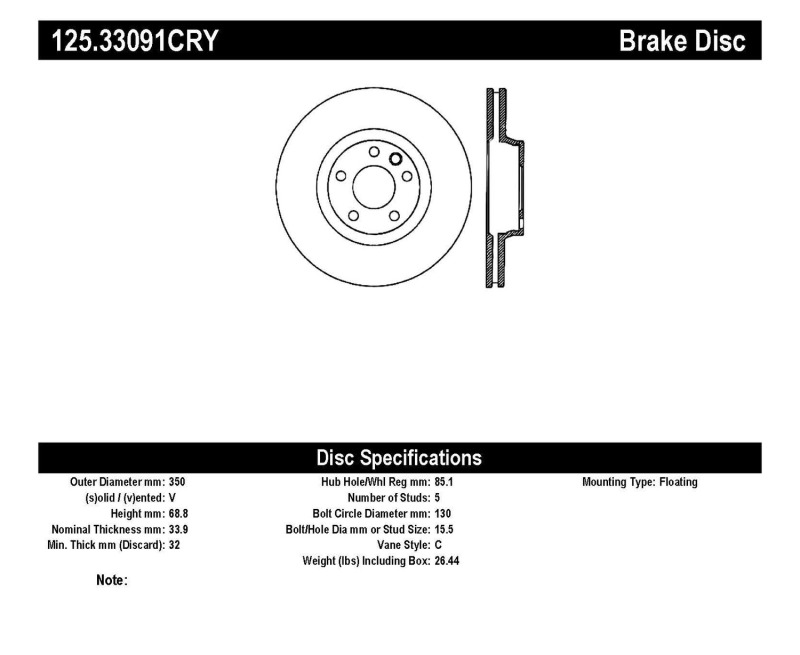 Volkswagen Touareg Brake Rotor (1) - Front Right - Stoptech - Cryo-Stop Premium High Carbon - `04-`10