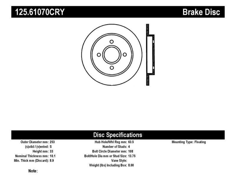 Ford Focus Brake Rotor (1) - Rear - Stoptech - Cryo-Stop Premium - Black - `01-`07