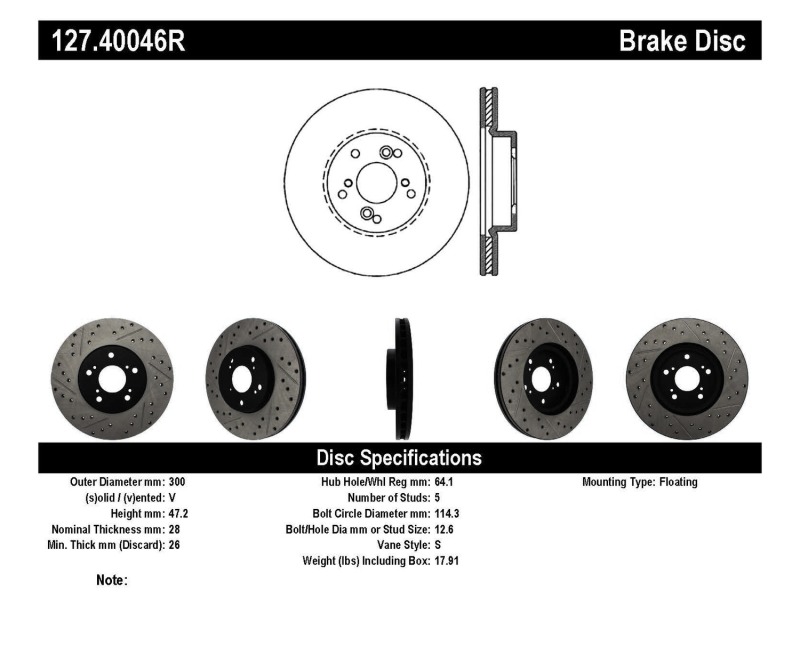 Honda Odyssey Brake Rotor (1) - Front Right - Stoptech - Drilled & Slotted - Black - `99-`04