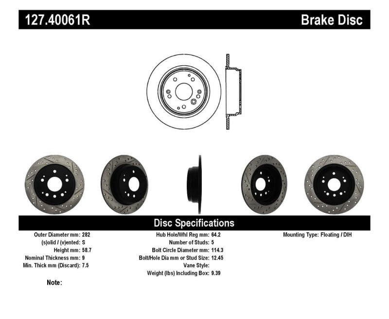 Honda Element Brake Rotors (1) - Rear Right - Stoptech - Slotted & Drilled - Black - `03-`11