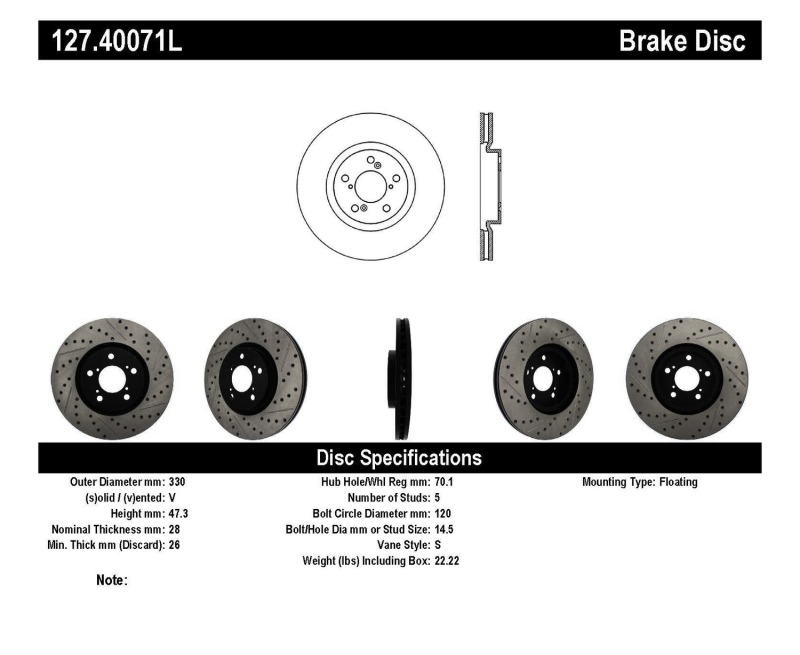 Honda Pilot Brake Rotor (1) - Front Left - Stoptech - Slotted & Drilled - Black - `09-`15