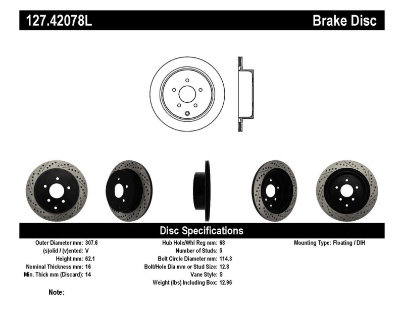 Infiniti Q50 Brake Rotors (1) - Rear Left - Stoptech - Slotted & Drilled Sport - Black - `14-`19