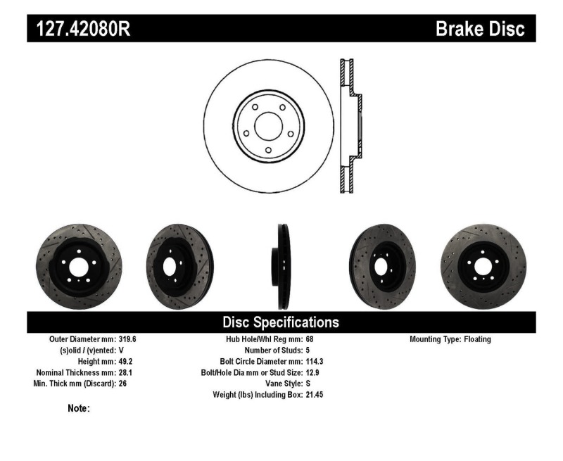 Infiniti QX50 Brake Rotor (1) - Front Right - Stoptech - Slotted & Drilled - Black - `14-`15