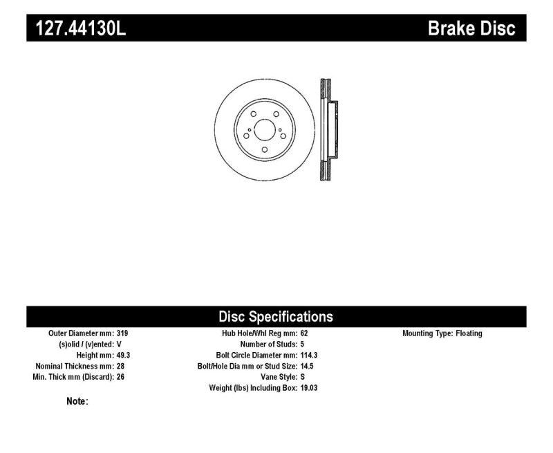 Lexus RX330 Brake Rotor (1) - Left Rear - Stoptech - Sport Drilled & Slotted - Black - `04-`06