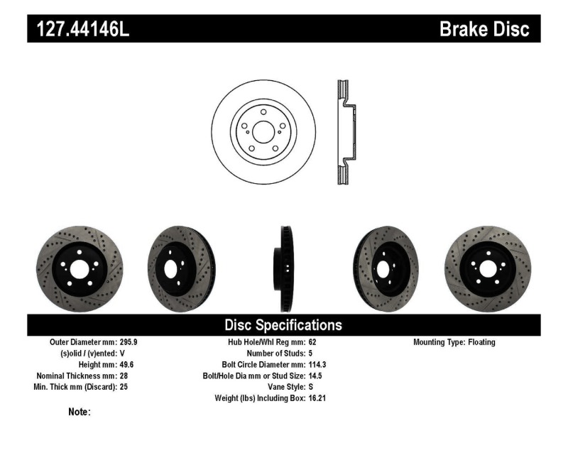 Pontiac Vibe Brake Rotor (1) - Front Left - Stoptech - Sport Drilled & Slotted - Black E-Coated - `09-`10