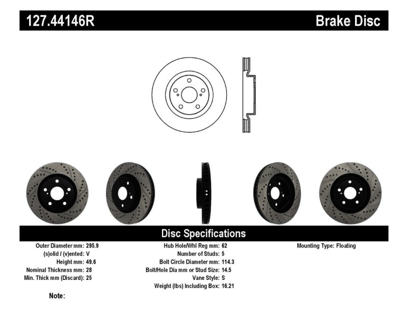 Pontiac Vibe Brake Rotor (1) - Front Right - Stoptech - Sport Drilled & Slotted, Black E-Coated - Black - `09-`10