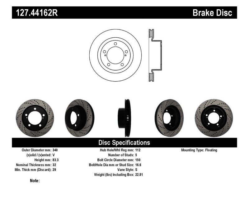 Toyota Land Cruiser Brake Rotor (1) - Front Right - Stoptech - Slotted & Drilled Sport - Black - `08-`19