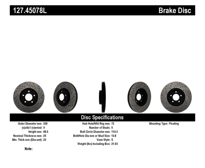 Mazda 3 Brake Rotor (1) - Front Left - Stoptech - Slotted/Drilled - Black - `07-`09