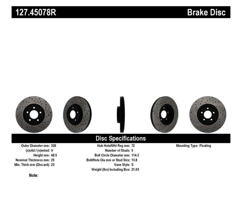 Mazda 3 Brake Rotors (1) - Front Right - Stoptech - Drilled & Slotted - Black - `07-`09