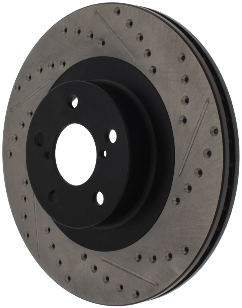 Subaru Baja Brake Rotor (1) - Front Right - Stoptech - Slotted & Drilled - Black E-Coated - `03-`06